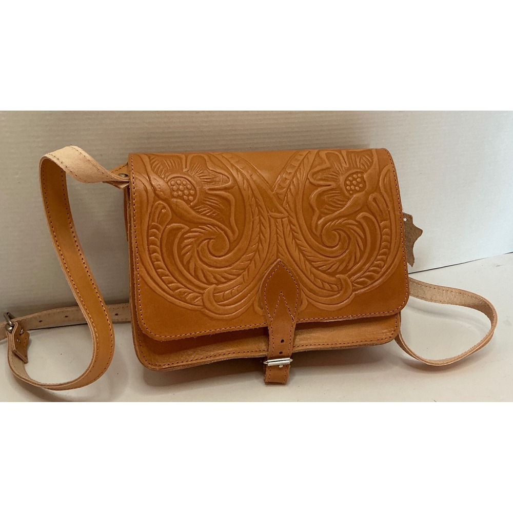 Kouros Tan Leather Crossbody Bag Embossed Floral Made in Greece S Boho Western